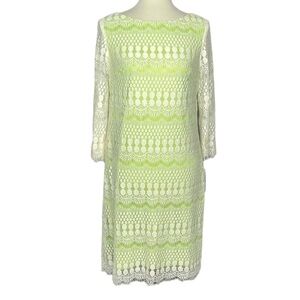 J Howard Dress Womens 10 Kiwi Green Cream Lace‎ Overlay Midi Lined
